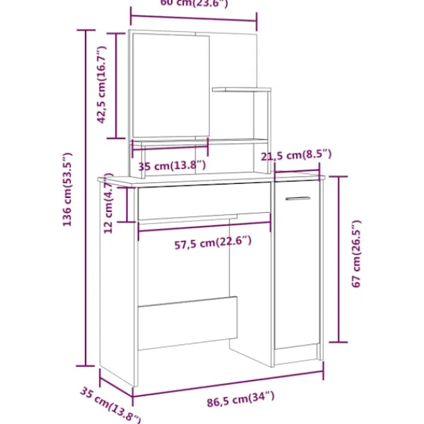 vidaXL Sminkbord>Sminkbord med spegel sonoma 86,5x35x136 cm