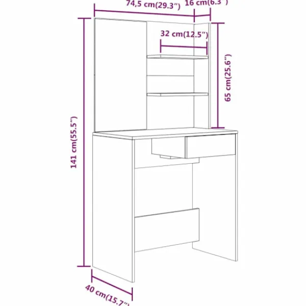 vidaXL Sminkbord>Sminkbord set betong 74,5x40x141 cm