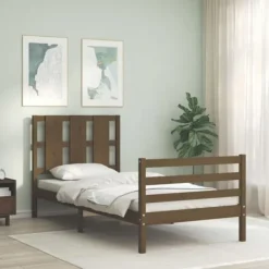 vidaXL Sängar>Sängram med huvudgavel honungs 90x200 cm massiv trä