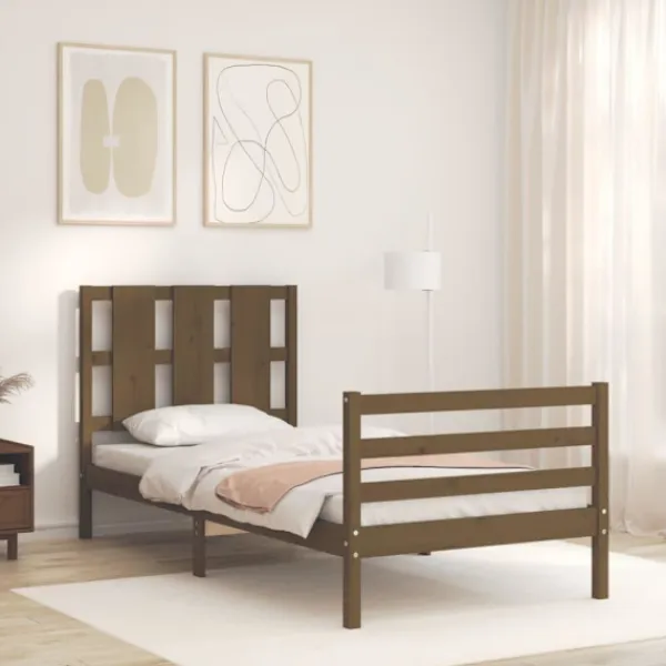vidaXL Sängar>Sängram med huvudgavel honungs 90x200 cm massiv trä