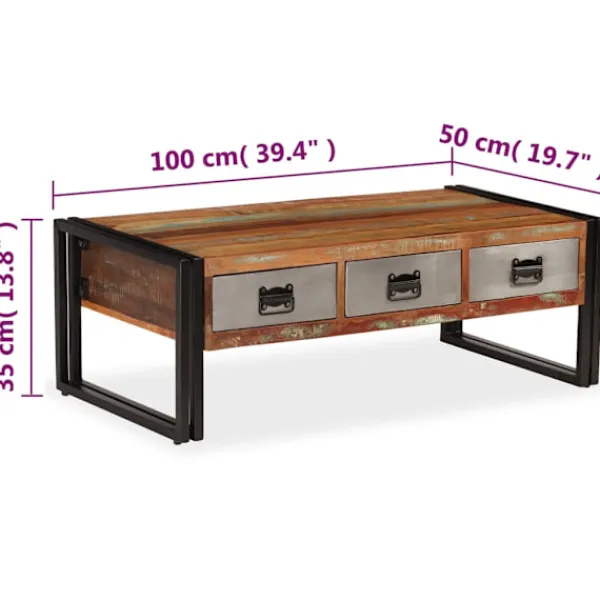 vidaXL Soffbord>Soffbord med 3 lådor massivt återvunnet trä 100x50x35 cm
