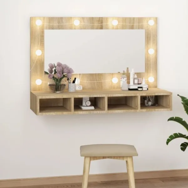 vidaXL Sminkbord>Spegelskåp med LED sonoma-ek 90x31,5x62 cm