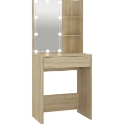 vidaXL Sminkbord>Spegelskåp med LED sonoma-ek 60x40x140 cm