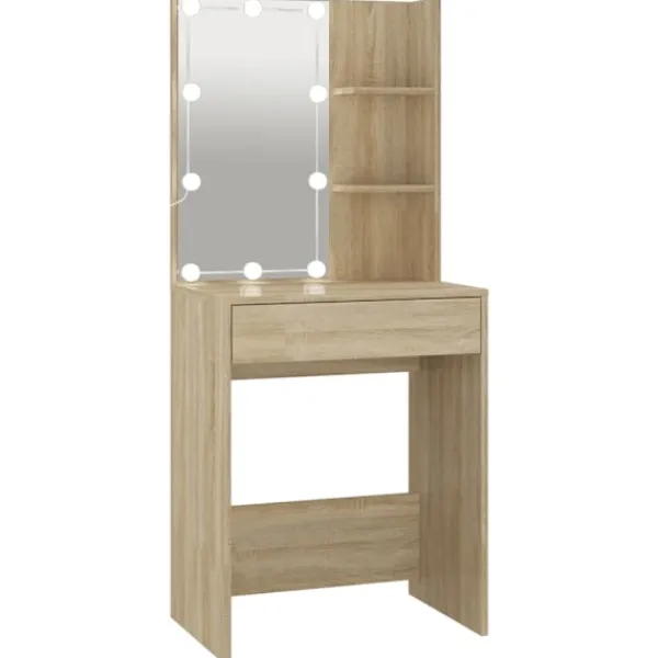 vidaXL Sminkbord>Spegelskåp med LED sonoma-ek 60x40x140 cm