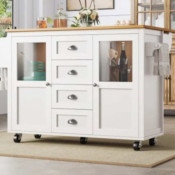Köksö>Vit/Svart köksö 120x45x93 cm – utdragbar vagn med kryddhylla, handdukshängare & 4 lådor