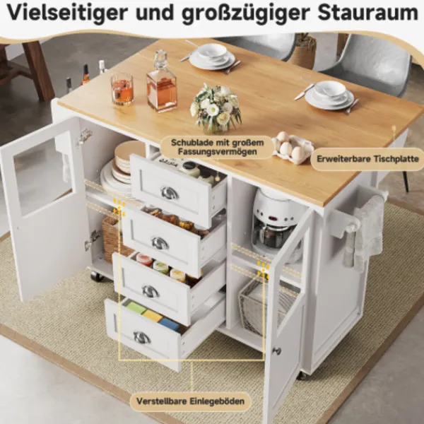 Köksö>Vit/Svart köksö 120x45x93 cm – utdragbar vagn med kryddhylla, handdukshängare & 4 lådor