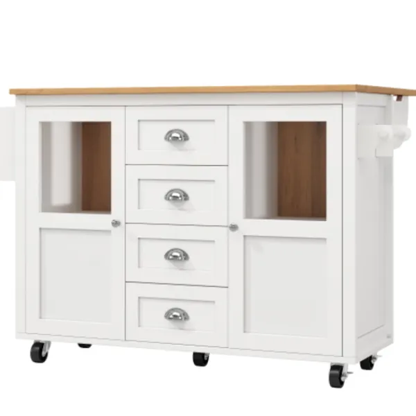 Köksö>Vit/Svart köksö 120x45x93 cm – utdragbar vagn med kryddhylla, handdukshängare & 4 lådor