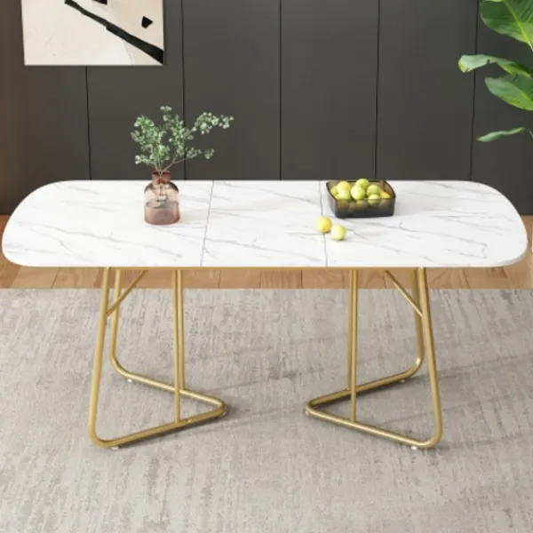 Matbord>Vitt förlängningsbart matbord med marmorstruktur, förgyllda bordsben i metall, förlängningsbart matbord 140/180*80 cm, utsökt lyxstil