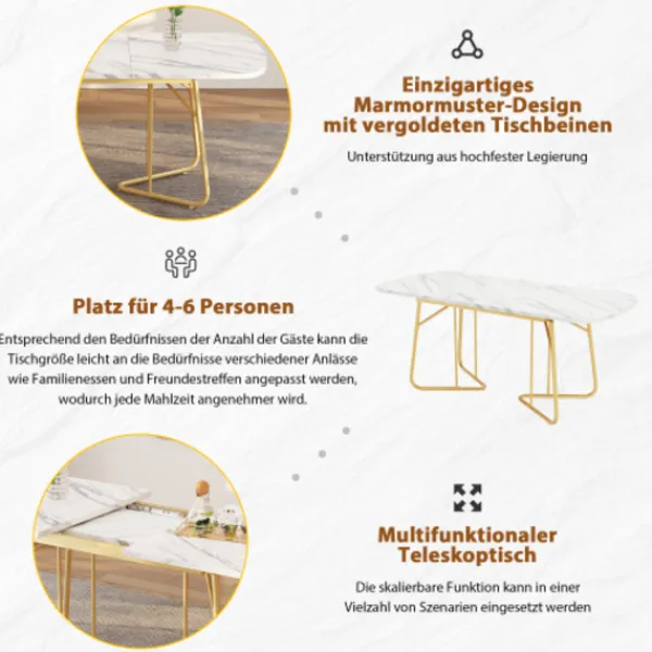 Matbord>Vitt förlängningsbart matbord med marmorstruktur, förgyllda bordsben i metall, förlängningsbart matbord 140/180*80 cm, utsökt lyxstil