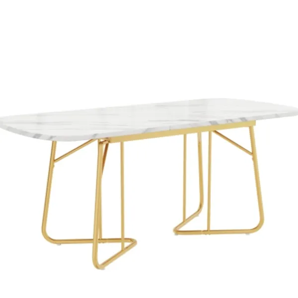 Matbord>Vitt förlängningsbart matbord med marmorstruktur, förgyllda bordsben i metall, förlängningsbart matbord 140/180*80 cm, utsökt lyxstil