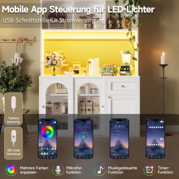 Skåp>Vitt matrumsskåp med LED-belysning – högt skåp & sideboard med justerbara hyllor
