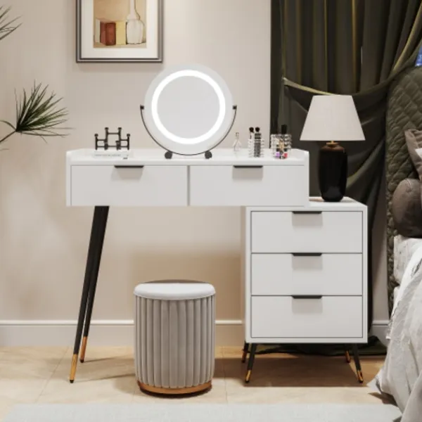 Sminkbord>Vitt sminkbord med justerbar LED-spegel – 5 lådor & sidoskåp – Sminkbord för sovrum (utan stolar)
