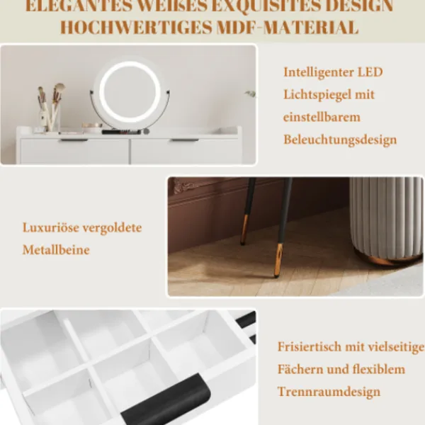 Sminkbord>Vitt sminkbord med justerbar LED-spegel – 5 lådor & sidoskåp – Sminkbord för sovrum (utan stolar)