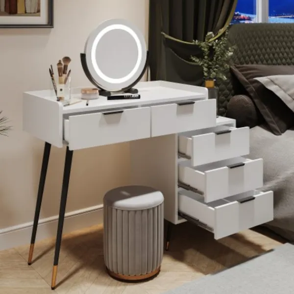 Sminkbord>Vitt sminkbord med justerbar LED-spegel – 5 lådor & sidoskåp – Sminkbord för sovrum (utan stolar)