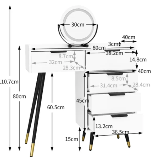 Sminkbord>Vitt sminkbord med justerbar LED-spegel – 5 lådor & sidoskåp – Sminkbord för sovrum (utan stolar)