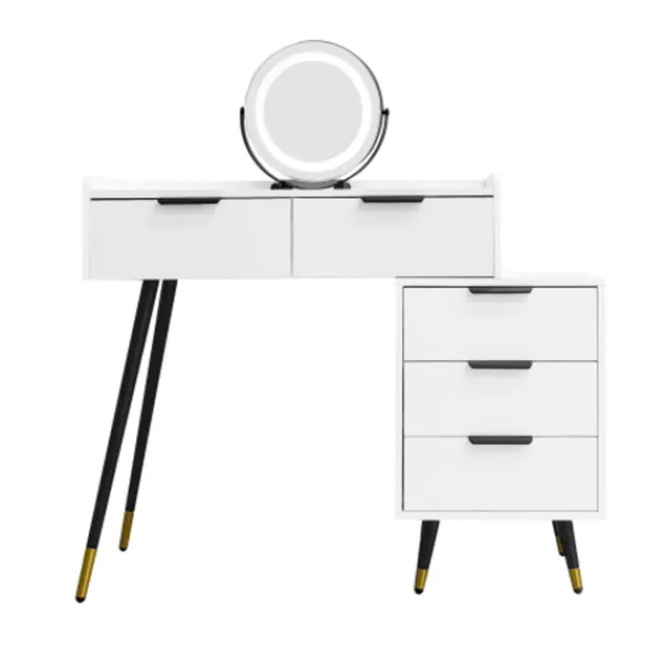 Sminkbord>Vitt sminkbord med justerbar LED-spegel – 5 lådor & sidoskåp – Sminkbord för sovrum (utan stolar)