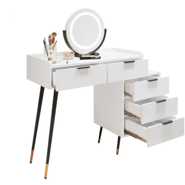 Sminkbord>Vitt sminkbord med justerbar LED-spegel – 5 lådor & sidoskåp – Sminkbord för sovrum (utan stolar)