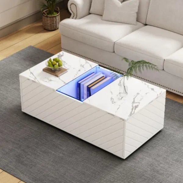 Soffbord>Vitt soffbord 100x50cm - LED-belysning med marmoroptik - 2 lådor, 20kg lastkapacitet - Modernt glasbord (höjd 35cm)