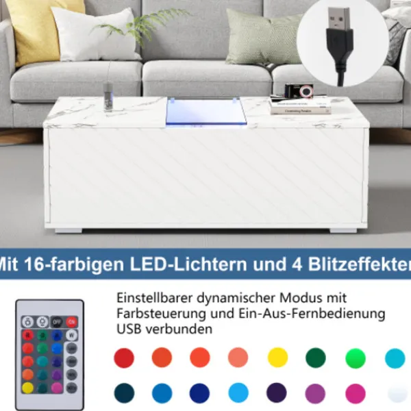 Soffbord>Vitt soffbord 100x50cm - LED-belysning med marmoroptik - 2 lådor, 20kg lastkapacitet - Modernt glasbord (höjd 35cm)