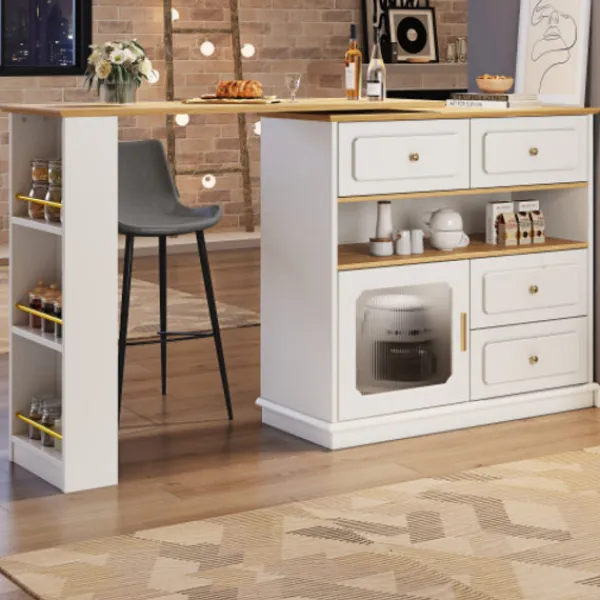 Köksö>Vitt utdragbart barbord med förvaringsutrymme (125-181×39×104,5 cm) – modern 360° roterande köksö med glashyllor & hög bordsfunktion