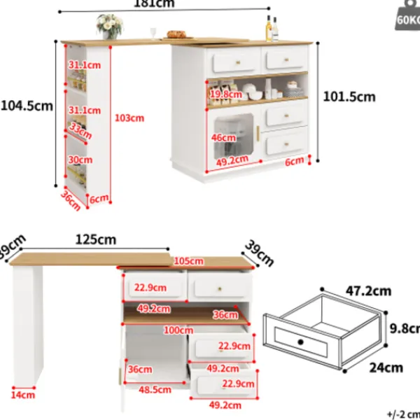 Köksö>Vitt utdragbart barbord med förvaringsutrymme (125-181×39×104,5 cm) – modern 360° roterande köksö med glashyllor & hög bordsfunktion