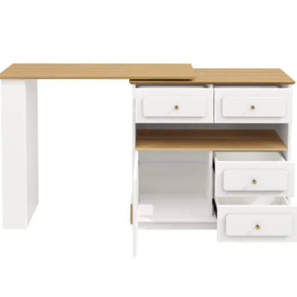 Köksö>Vitt utdragbart barbord med förvaringsutrymme (125-181×39×104,5 cm) – modern 360° roterande köksö med glashyllor & hög bordsfunktion