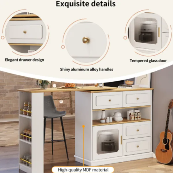 Köksö>Vitt utdragbart barbord med förvaringsutrymme (125-181×39×104,5 cm) – modern 360° roterande köksö med glashyllor & hög bordsfunktion