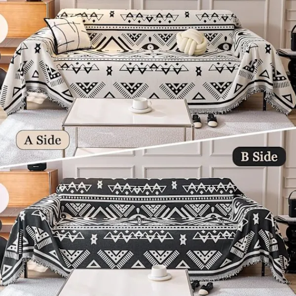 Soffor>Vändbart sofföverdrag Chenille Jacquard Geometrisk Boho, Beige Svart Sofföverdrag för sektionssoffa Chic Möbelskydd 180x150-FQ6-