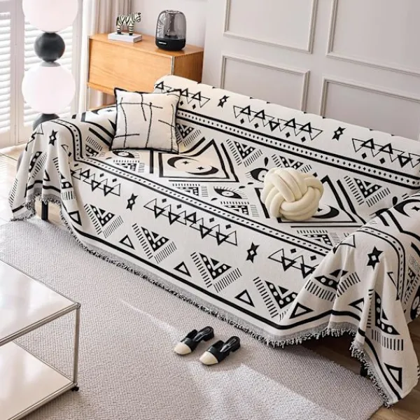 Soffor>Vändbart sofföverdrag Chenille Jacquard Geometrisk Boho, Beige Svart Sofföverdrag för sektionssoffa Chic Möbelskydd 180x150-FQ6-