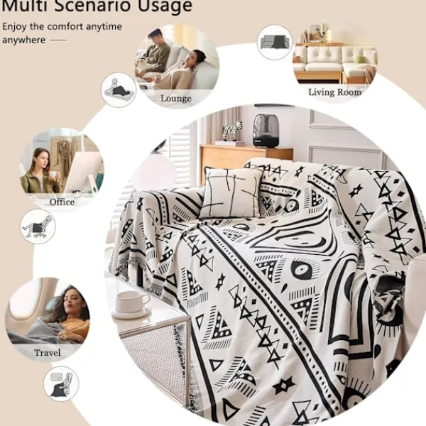 Soffor>Vändbart sofföverdrag Chenille Jacquard Geometrisk Boho, Beige Svart Sofföverdrag för sektionssoffa Chic Möbelskydd 180x150-FQ6-