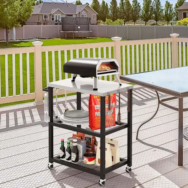 B2X Köksö>3-vånings utomhusgrillvagn med 3 krokar & rostfritt stålplåt & handtag för flera ändamål
